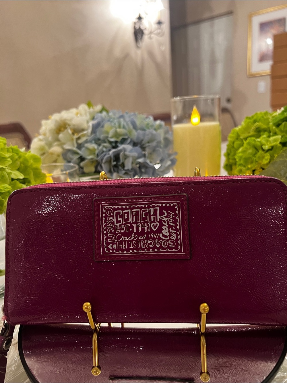 Coach Fuchsia Pink Patent Leather Graffiti Logo Zip Around Wallet